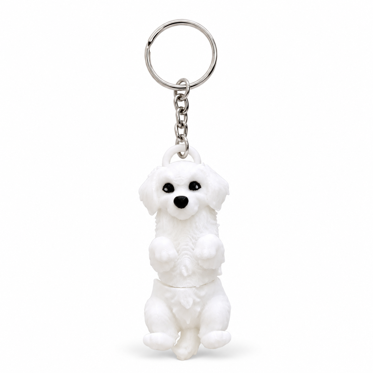 White dog 3D printed keychain on white background by DMV Print Lab