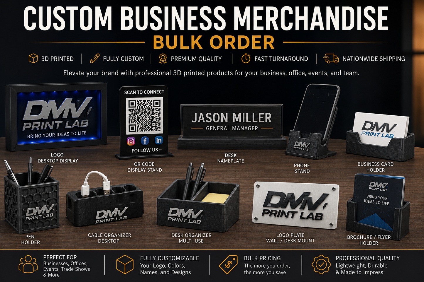 Custom Business Merchandise | 3D Printed Office Accessories | QR Code Stands | Phone Stands | DMV Print Lab