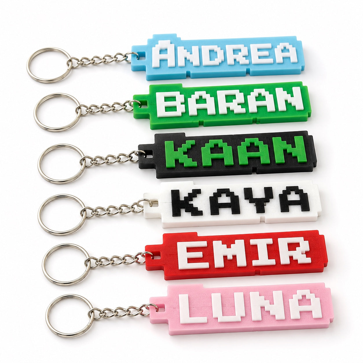 Custom pixel name 3D printed keychains by DMV Print Lab