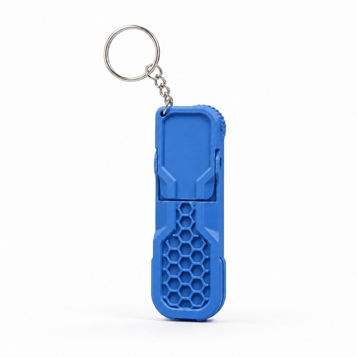 Blue fidget phone stand keychain with honeycomb grip and metal keyring