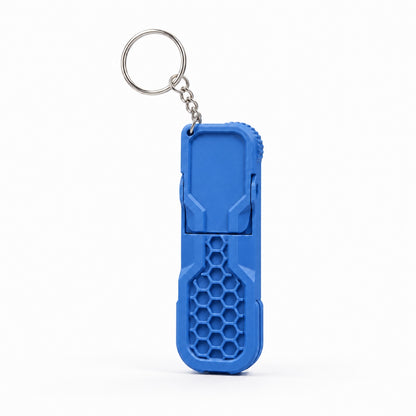 Blue fidget phone stand keychain with honeycomb grip and metal keyring
