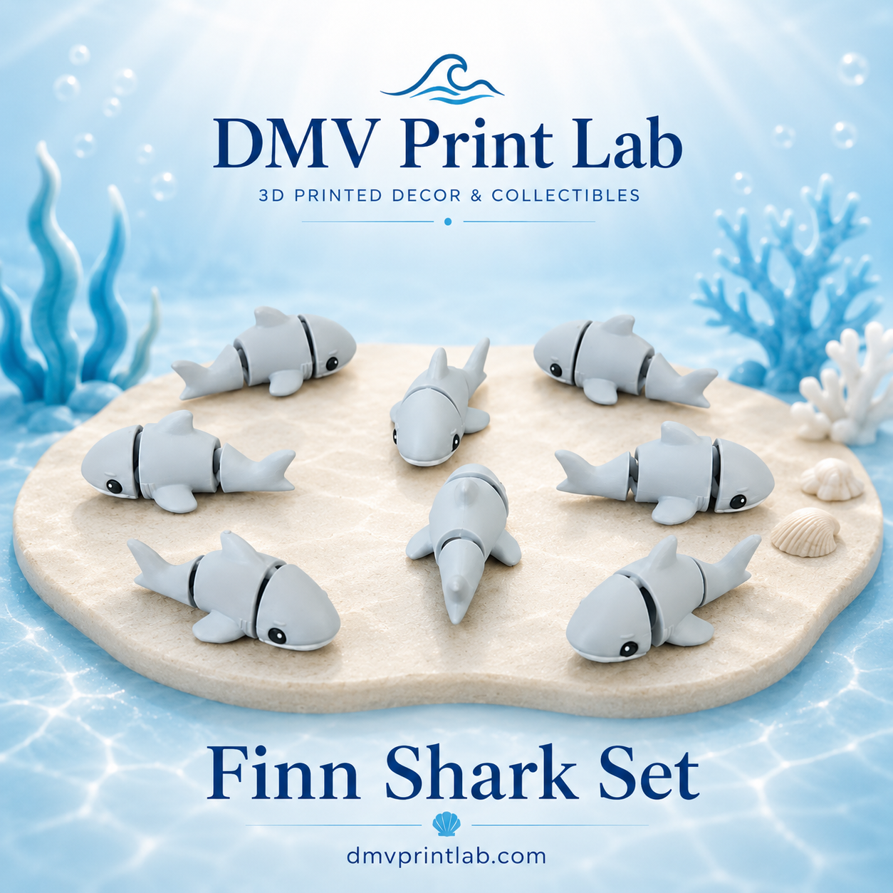 DMV Print Lab Finn Shark mini toys goodie bag toys 3D printed collectibles