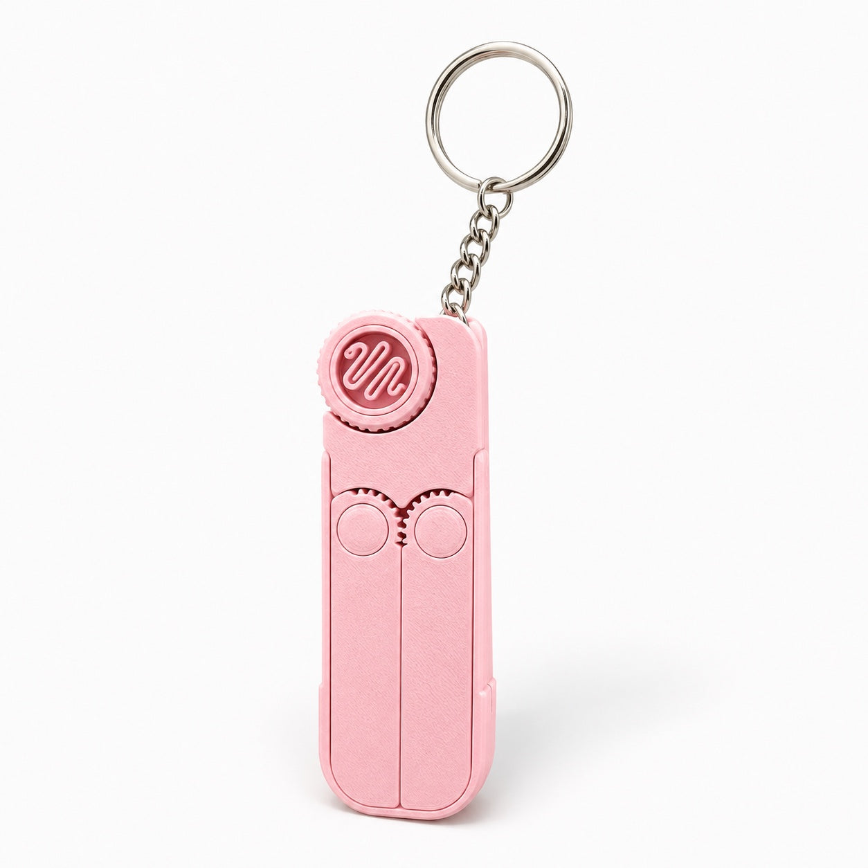 Back view of pink fidget phone stand keychain with spinning gears and button detail