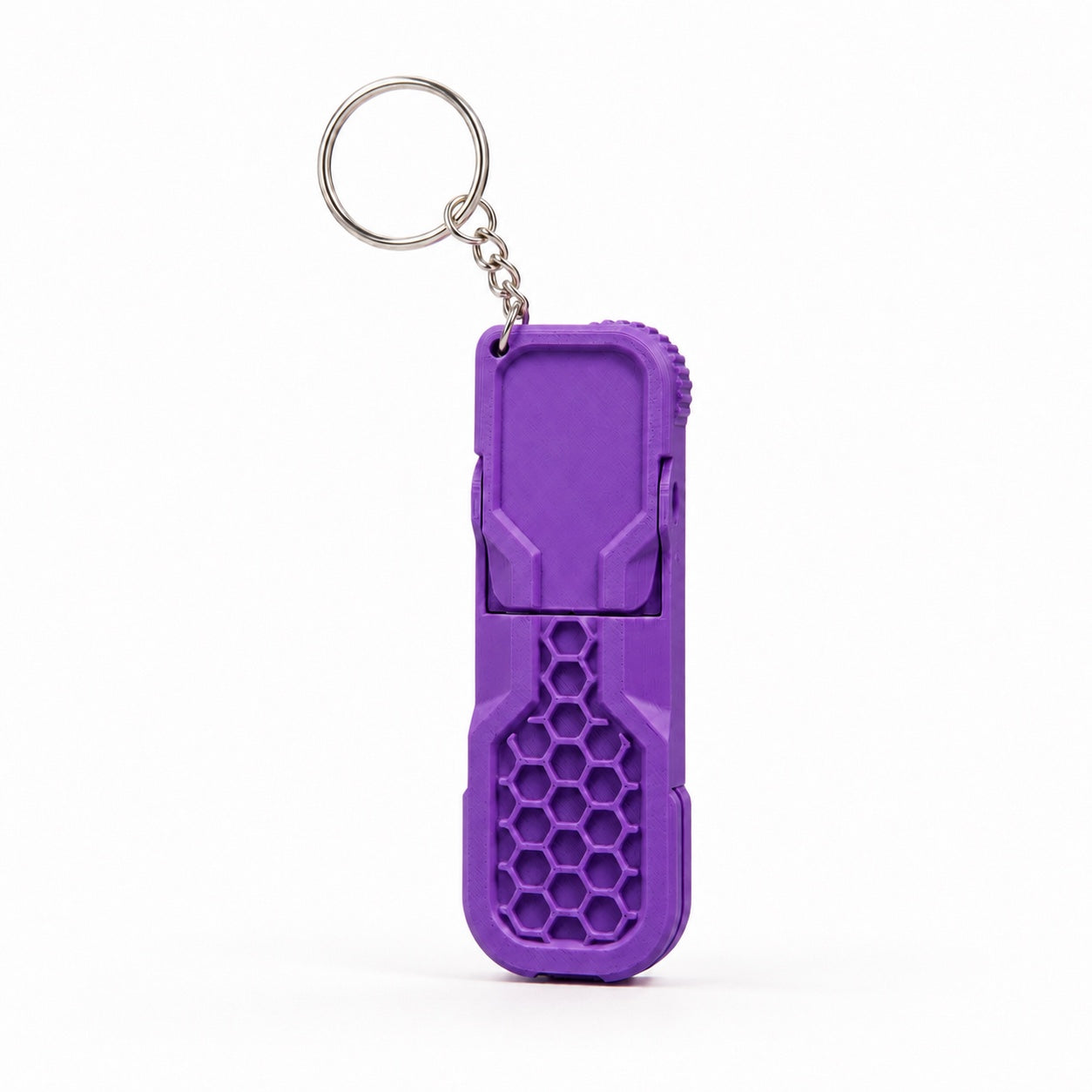 Purple fidget phone stand keychain with foldable stand and fidget details