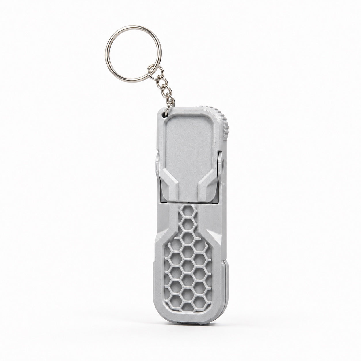 Silver fidget phone stand keychain with compact foldable phone holder design