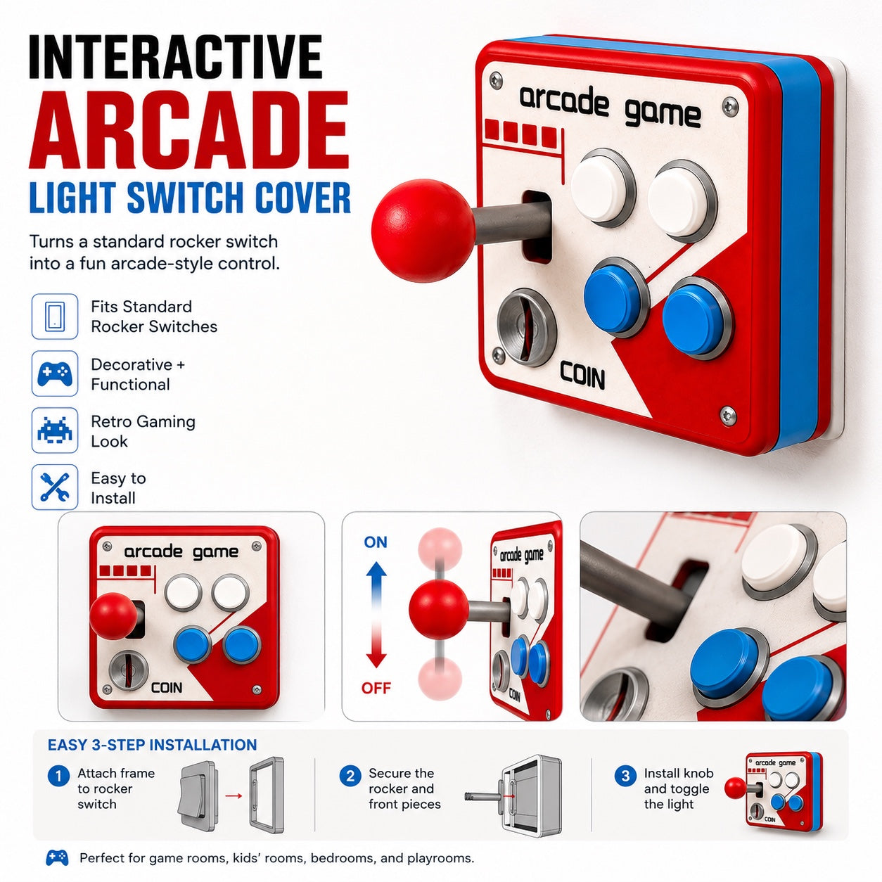 Interactive arcade light switch cover for standard rocker switches