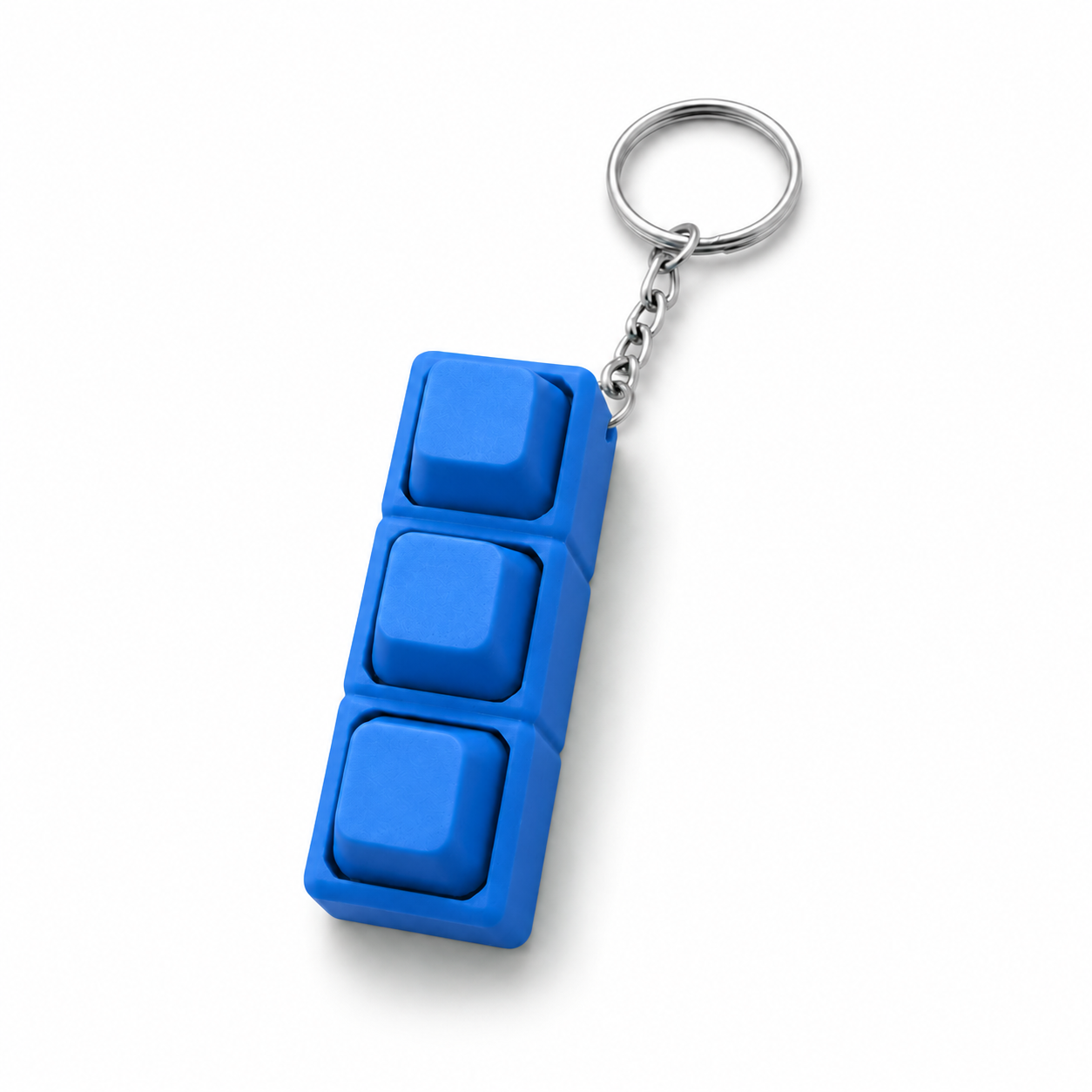 Blue custom 3D printed keyboard keycap keychain on white background by DMV Print Lab